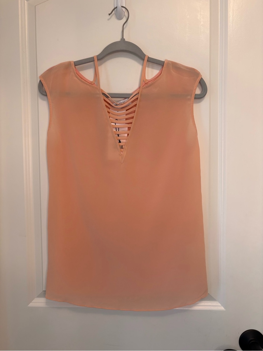 Bailey 44 Silk V-Neck Sleeveless Top in Peach Pink with Strappy Lattice Inset